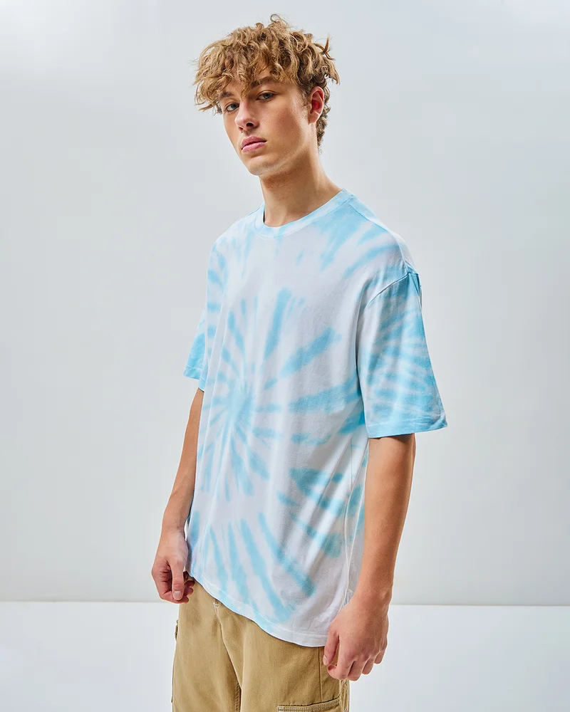 بيواكوف Men's White & Blue Tie & Dye Oversized T-shirt